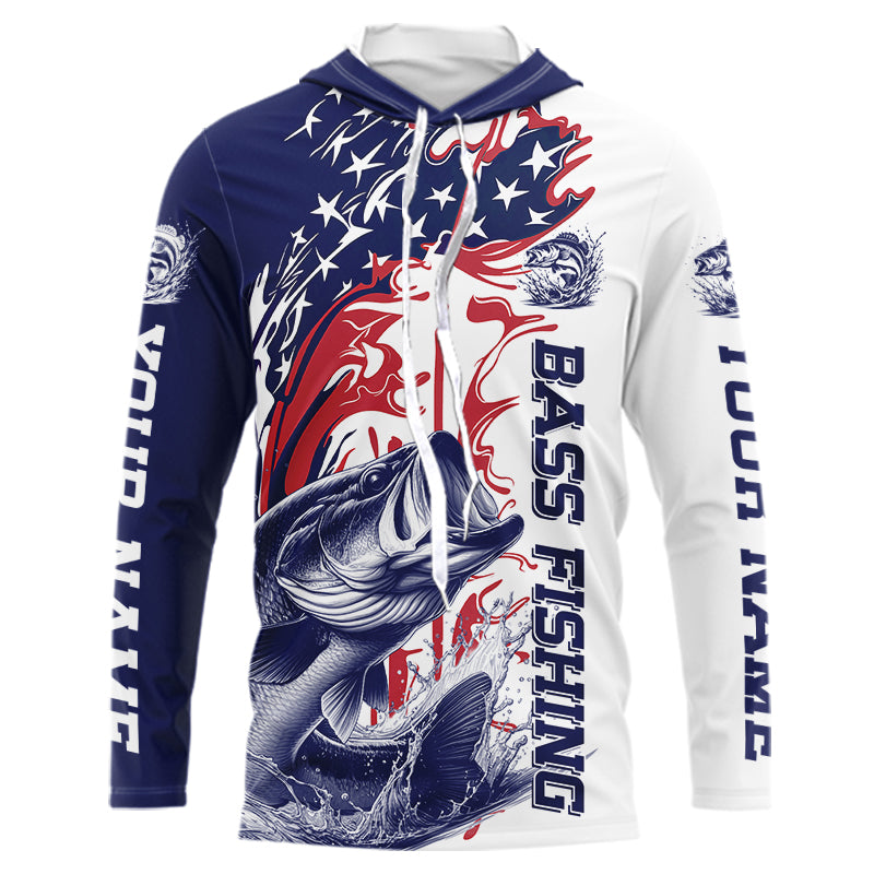 Custom Patriotic Largemouth Bass Long Sleeve Hooded Fishing, Red White And Blue Fishing