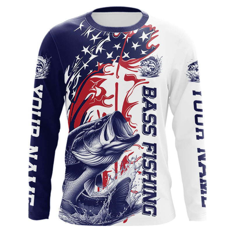 Custom Patriotic Largemouth Bass Long Sleeve Hooded Fishing, Red White And Blue Fishing
