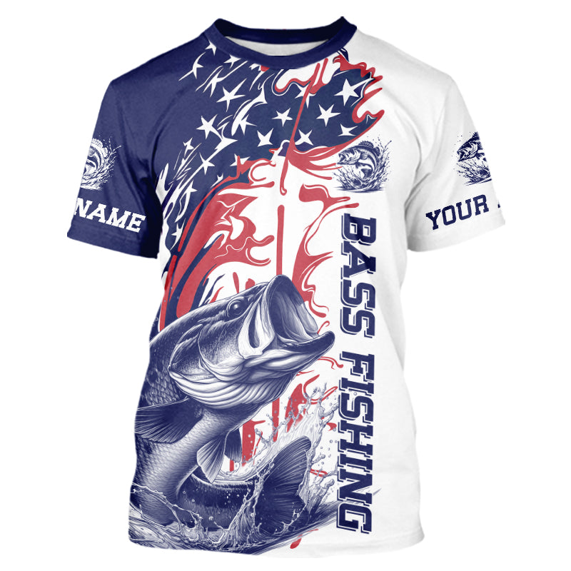 Custom Patriotic Largemouth Bass Long Sleeve Hooded Fishing, Red White And Blue Fishing