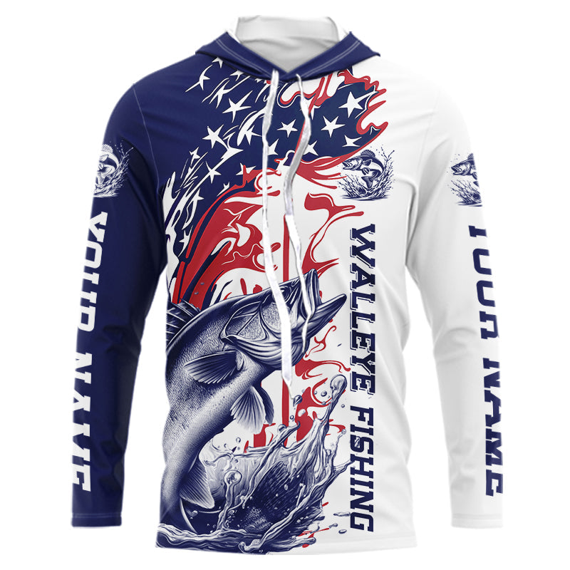 Custom Patriotic Walleye Long Sleeve Hooded Fishing, Red White And Blue Fishing