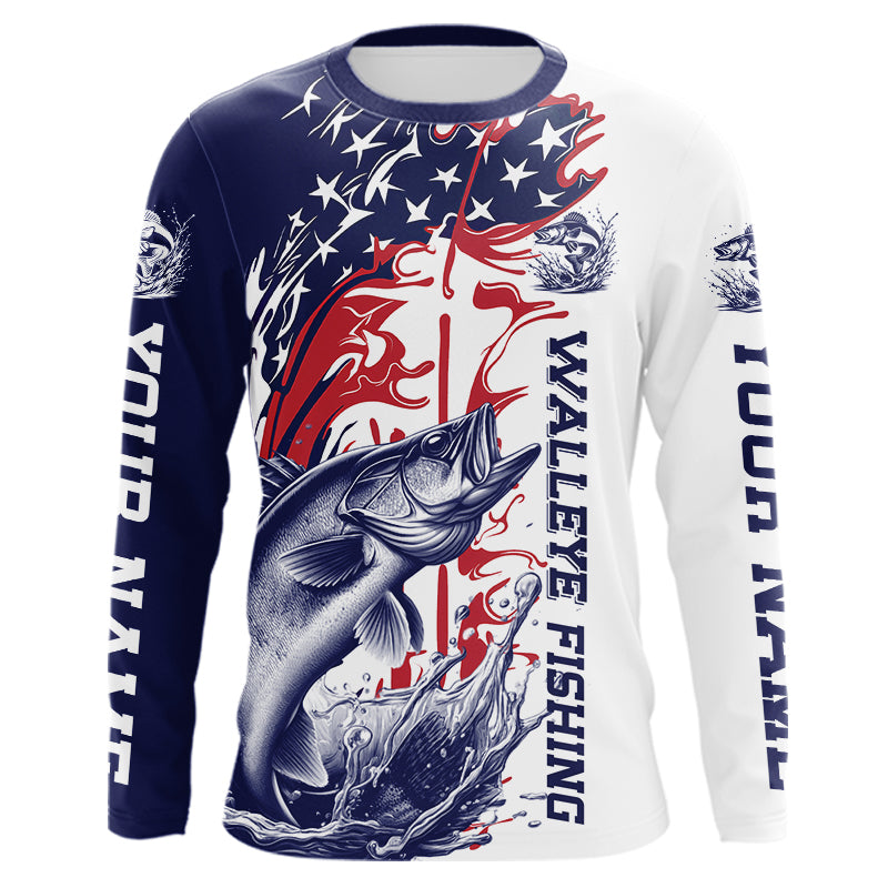 Custom Patriotic Walleye Long Sleeve Hooded Fishing, Red White And Blue Fishing