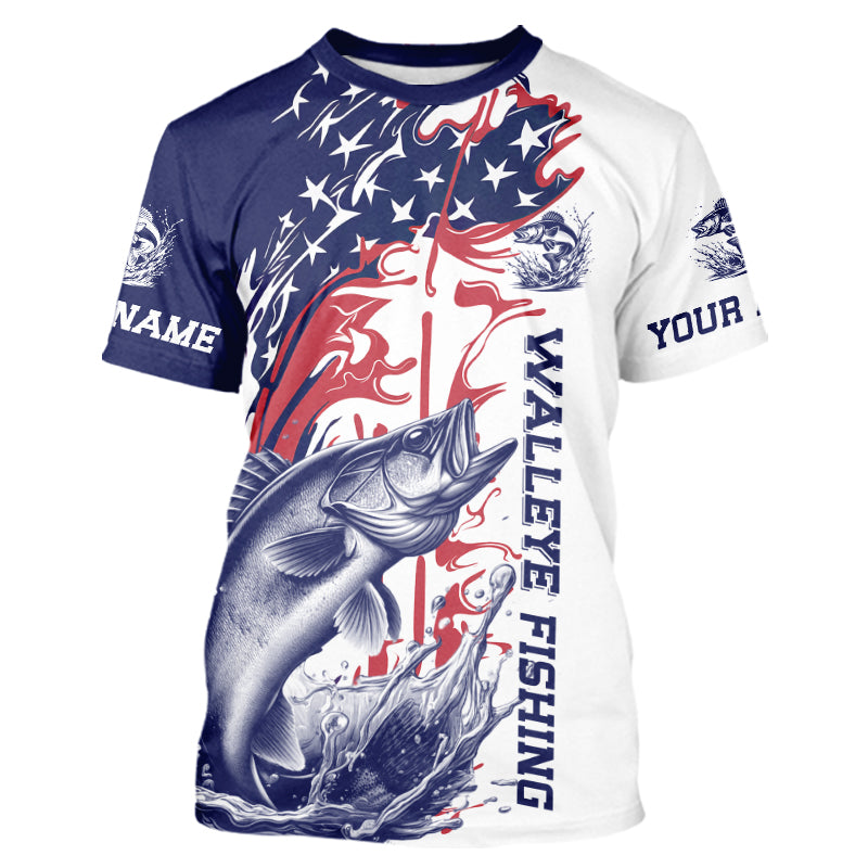 Custom Patriotic Walleye Long Sleeve Hooded Fishing, Red White And Blue Fishing