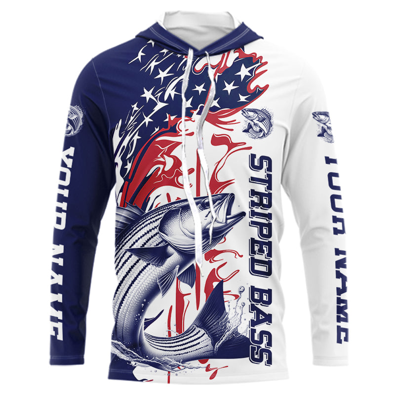 Custom Patriotic Striped Bass Long Sleeve Hooded Fishing, Red White And Blue Fishing