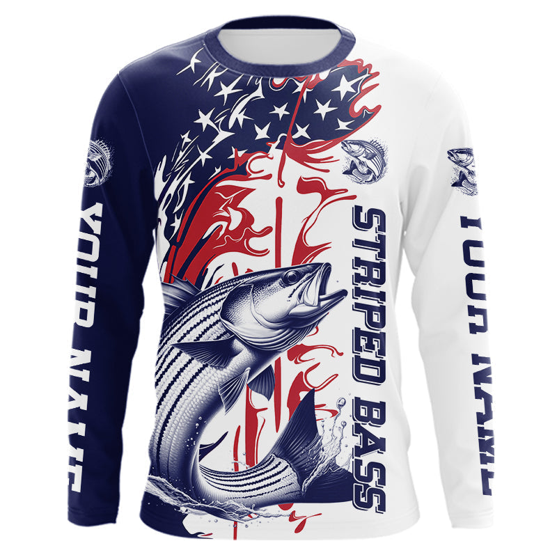 Custom Patriotic Striped Bass Long Sleeve Hooded Fishing, Red White And Blue Fishing