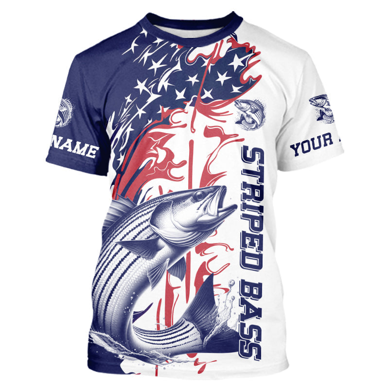 Custom Patriotic Striped Bass Long Sleeve Hooded Fishing, Red White And Blue Fishing
