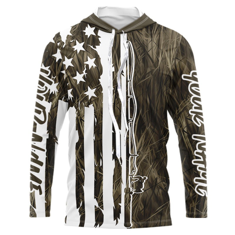 Custom US Fishing Rod Grass Camo Patriotic Long Sleeve Hooded Fishing