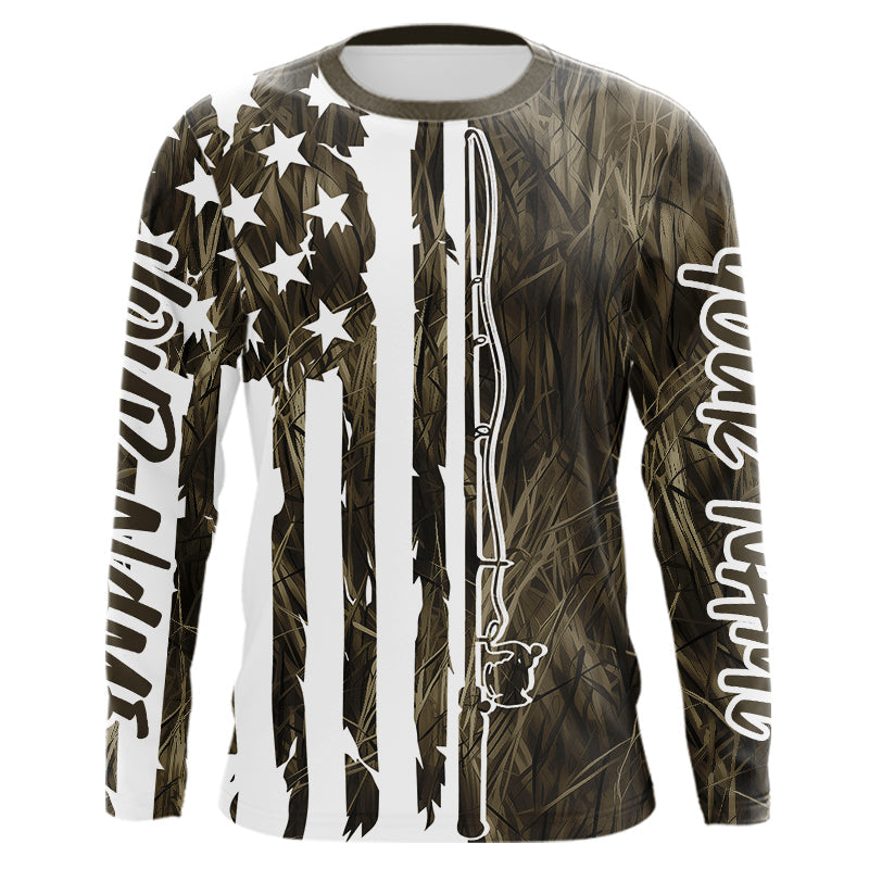 Custom US Fishing Rod Grass Camo Patriotic Long Sleeve Hooded Fishing