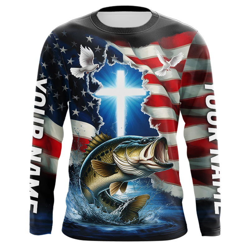 Custom Faith Largemouth Bass Patriotic Fishing T-Shirts, US Fishing