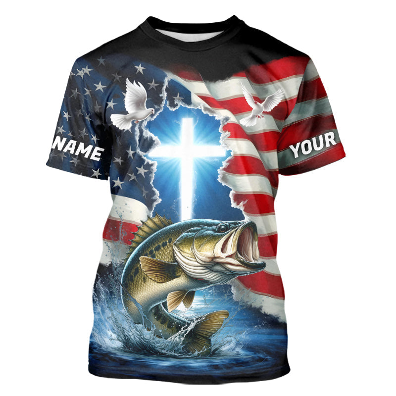 Custom Faith Largemouth Bass Patriotic Fishing T-Shirts, US Fishing