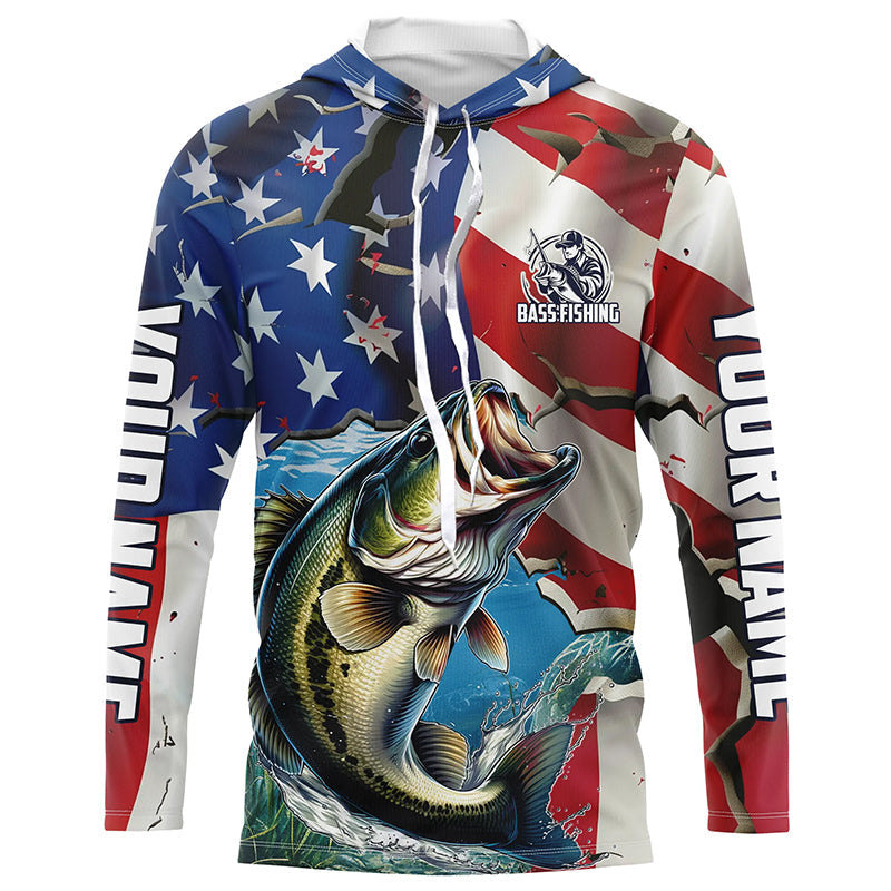 Personalized American Flag Bass Long Sleeve Fishing, Patriotic Bass Fisherman