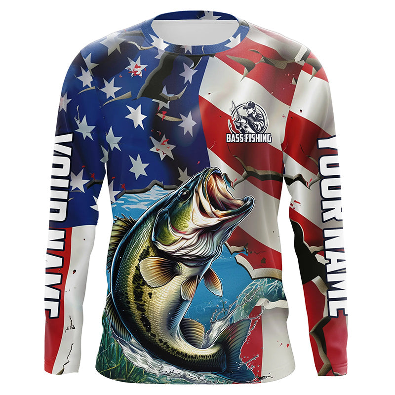 Personalized American Flag Bass Long Sleeve Fishing, Patriotic Bass Fisherman
