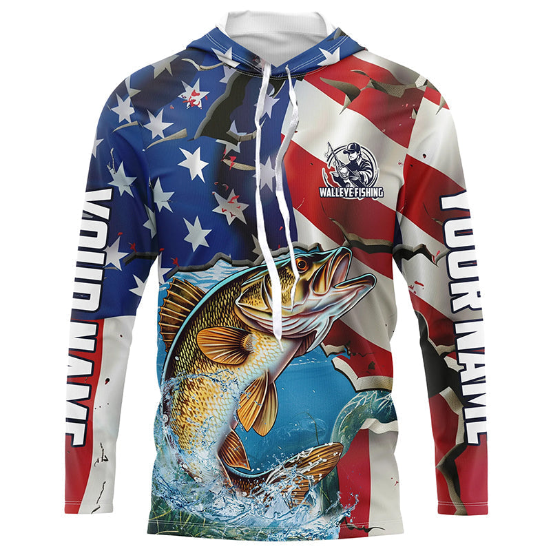 Personalized American Flag Walleye Long Sleeve Fishing, Patriotic Walleye Fisherman