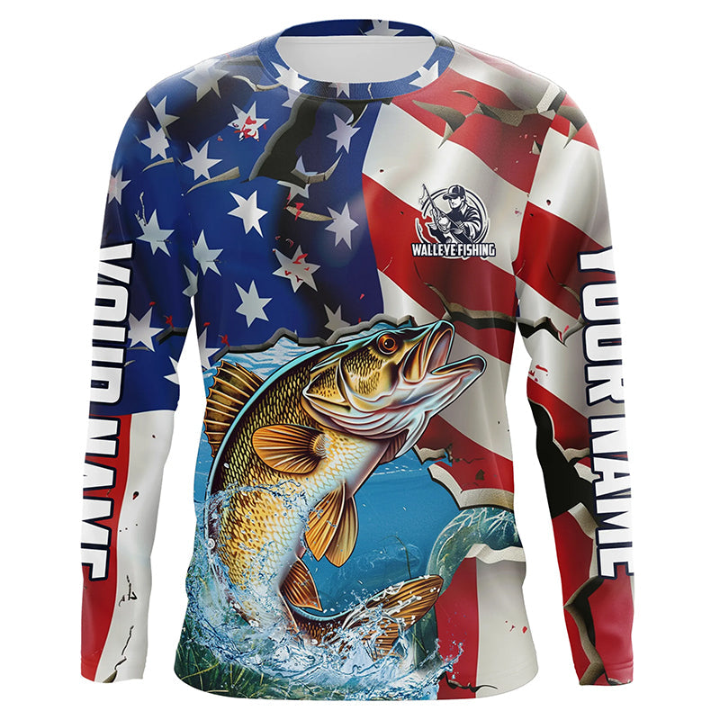 Personalized American Flag Walleye Long Sleeve Fishing, Patriotic Walleye Fisherman