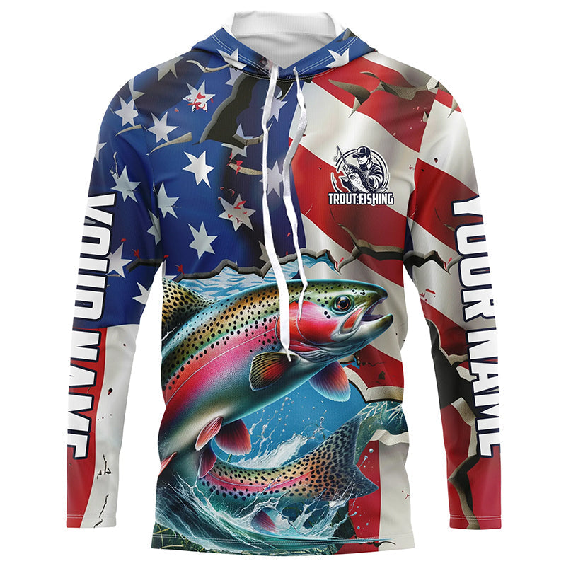 Custom American Flag Rainbow Trout Long Sleeve Fishing, Patriotic Trout Fisherman