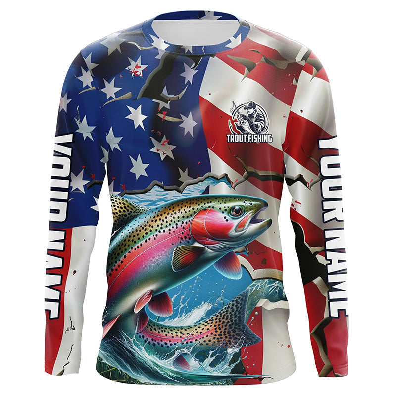 Custom American Flag Rainbow Trout Long Sleeve Fishing, Patriotic Trout Fisherman