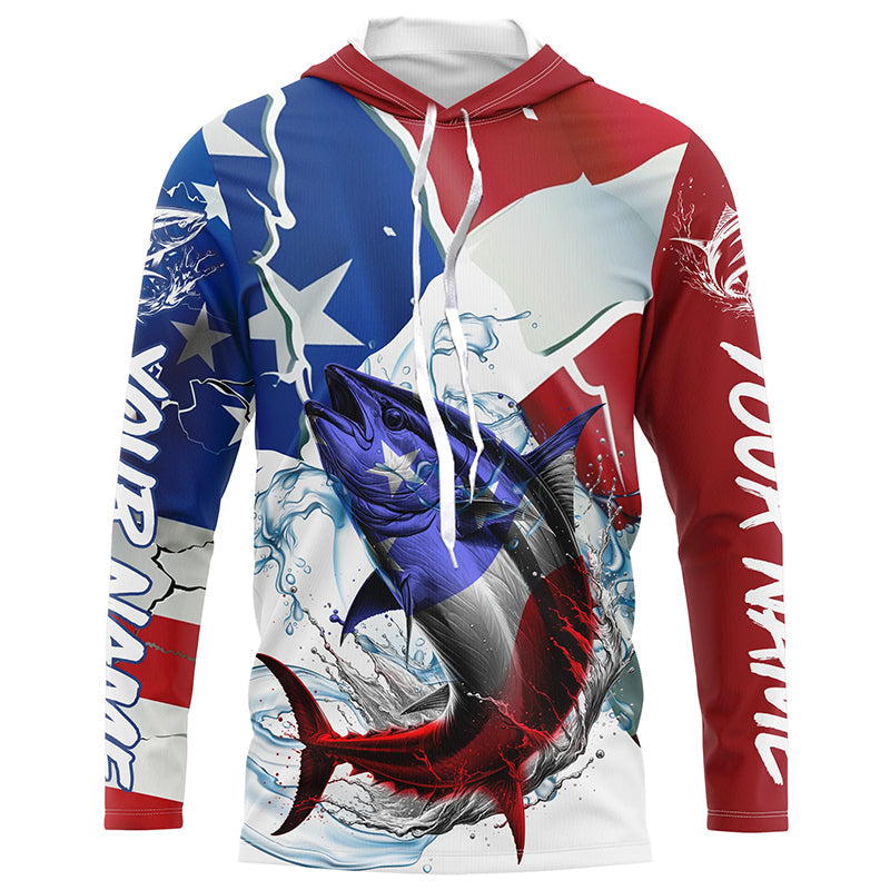 Tuna Fishing American Flag Custom Performance Long Sleeve Fishing, Patriotic Fishing Gifts