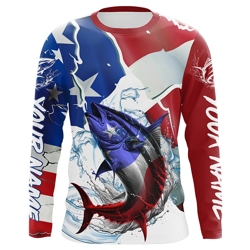 Tuna Fishing American Flag Custom Performance Long Sleeve Fishing, Patriotic Fishing Gifts