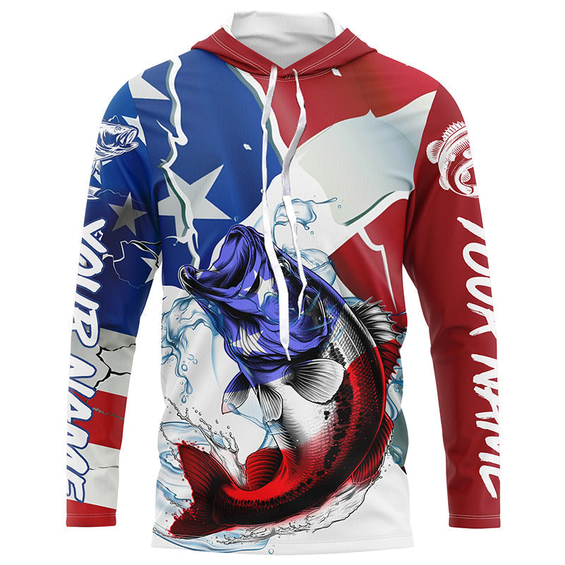 Bass Fishing American Flag Custom Performance Long Sleeve Fishing, Patriotic Fishing Gifts