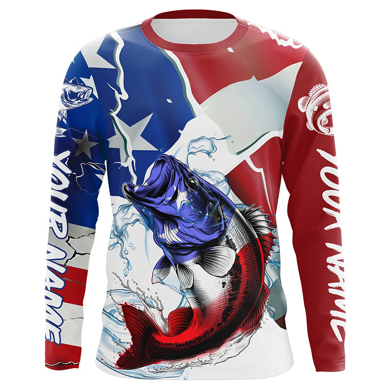 Bass Fishing American Flag Custom Performance Long Sleeve Fishing, Patriotic Fishing Gifts