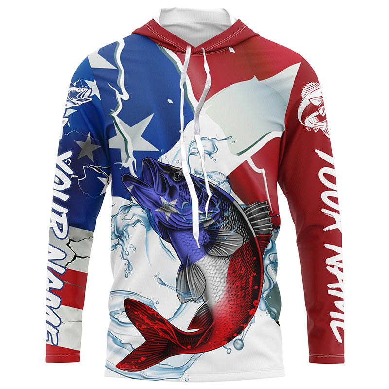 Walleye Fishing American Flag Custom Performance Long Sleeve Fishing, Patriotic Fishing Gifts