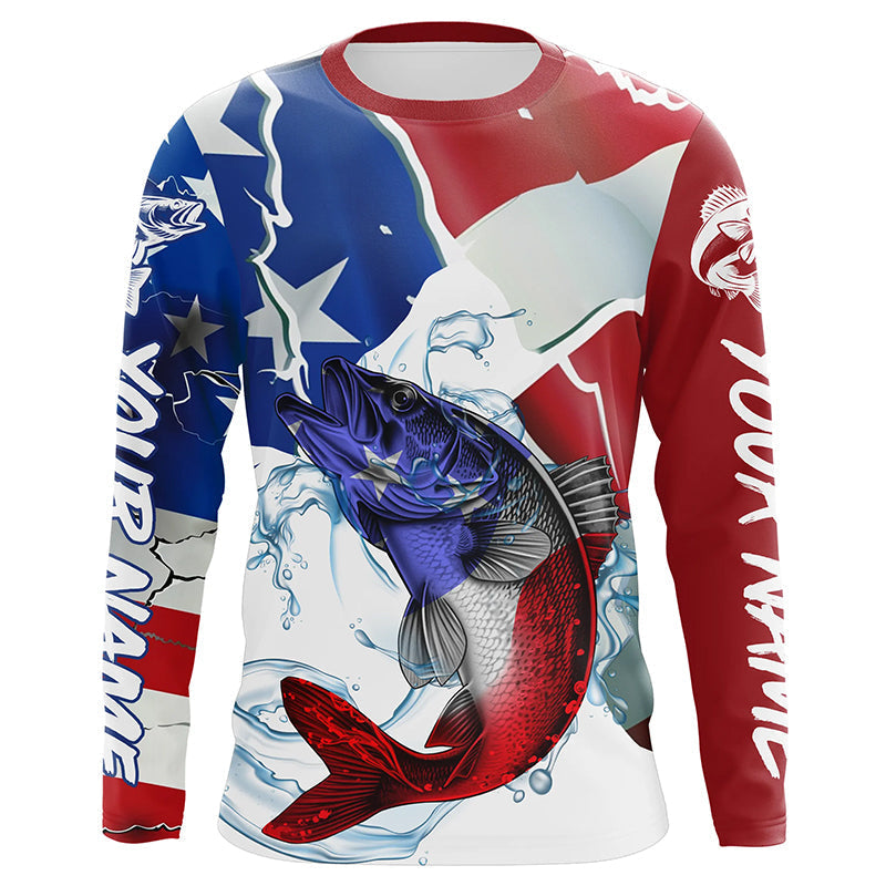 Walleye Fishing American Flag Custom Performance Long Sleeve Fishing, Patriotic Fishing Gifts