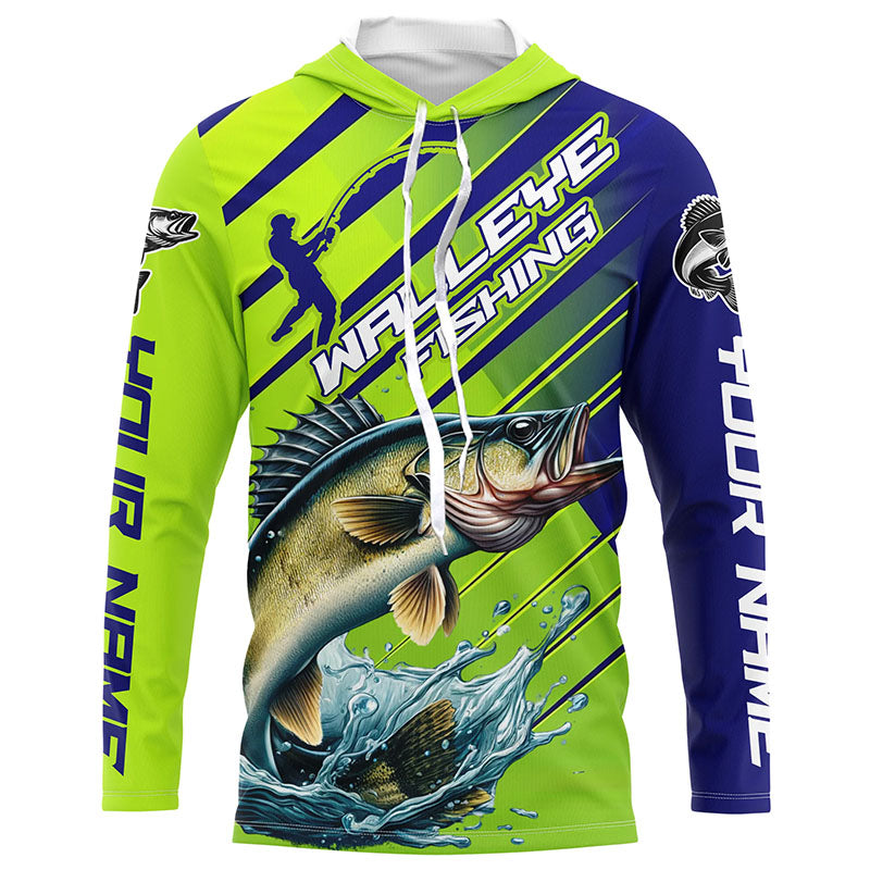 Personalized Walleye Fishing Tournament Long Sleeve, Blue And Green Fishing
