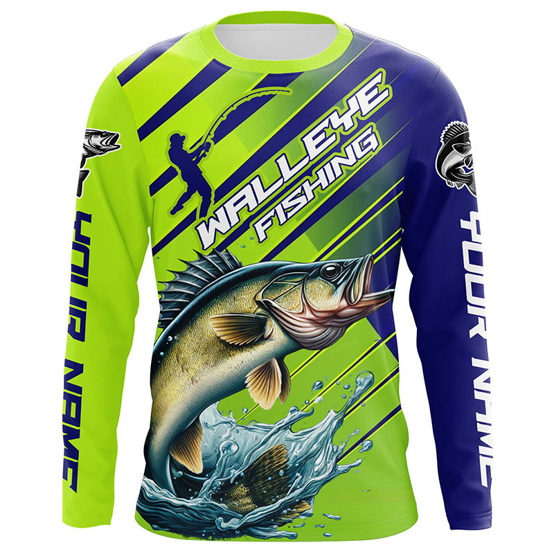 Personalized Walleye Fishing Tournament Long Sleeve, Blue And Green Fishing