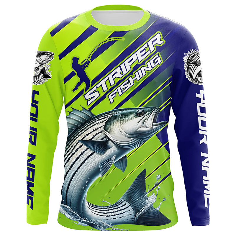 Personalized Striped Bass Fishing Tournament, Performance Long Sleeve In Blue and Green