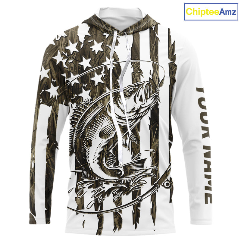 Custom Patrotic Largemouth Bass Long Sleeve Hooded Camo Fishing, Bass US Fishing
