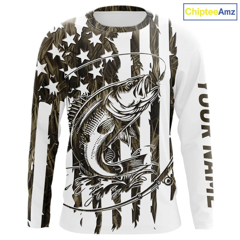 Custom Patrotic Largemouth Bass Long Sleeve Hooded Camo Fishing, Bass US Fishing