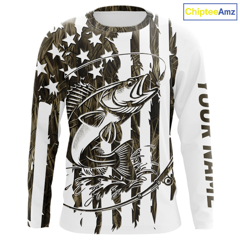 Custom Patrotic Walleye Long Sleeve Camo Fishing, Walleye US Fishing