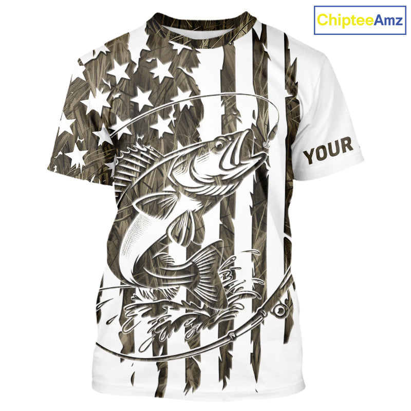 Custom Patrotic Walleye Long Sleeve Camo Fishing, Walleye US Fishing