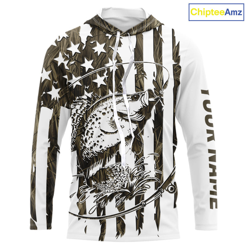 Custom Patrotic Crappie Long Sleeve Hooded Camo Fishing, Crappie US Fishing
