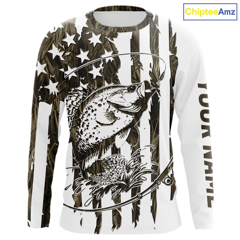 Custom Patrotic Crappie Long Sleeve Hooded Camo Fishing, Crappie US Fishing