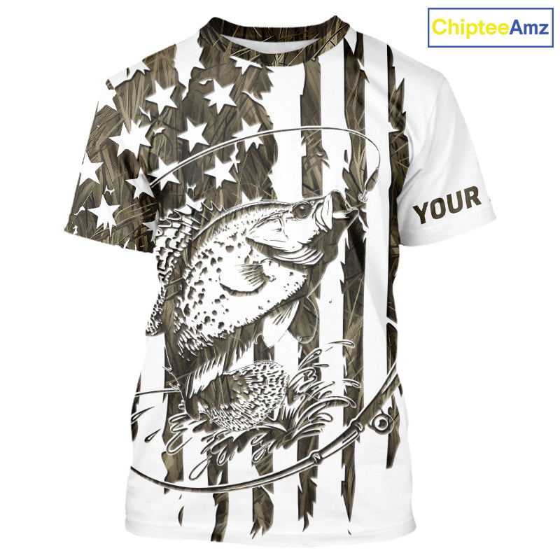 Custom Patrotic Crappie Long Sleeve Hooded Camo Fishing, Crappie US Fishing