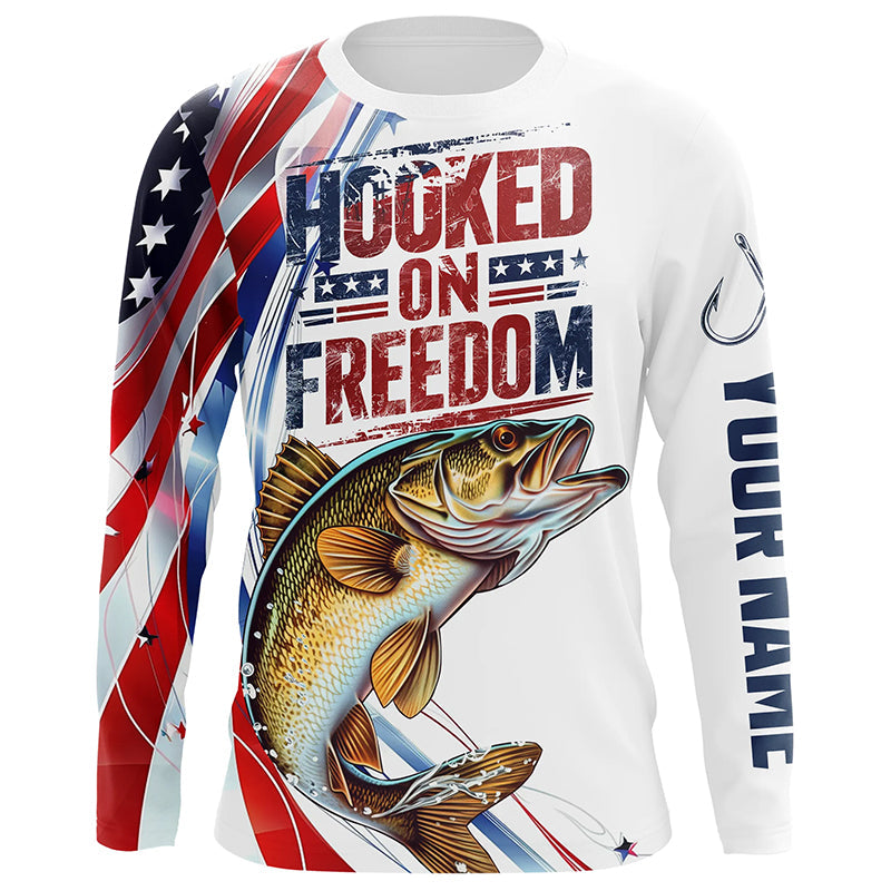 American Flag Walleye Fishing Custom Long Sleeve Fishing, Patriotic Walleye Fishing