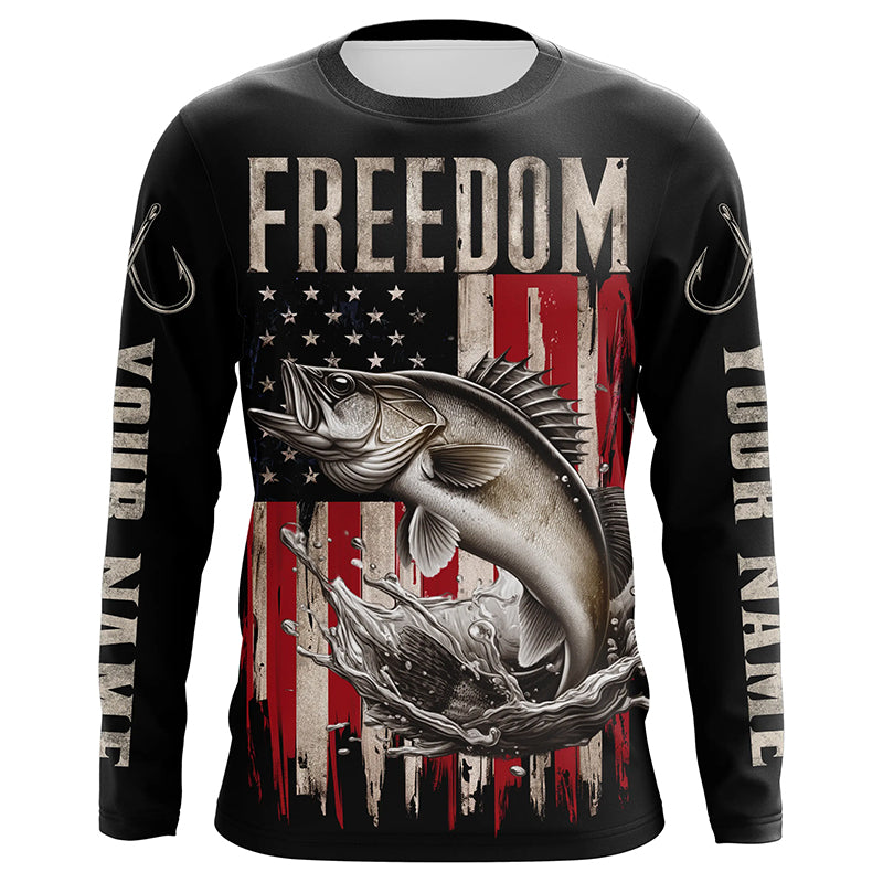 Personalized Patriotic Walleye Long Sleeve Fishing, American Flag Fishing