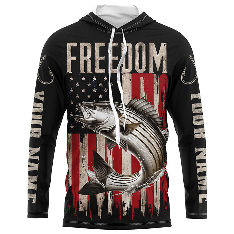 Personalized Patriotic Striped Bass Long Sleeve Fishing, American Flag Fishing