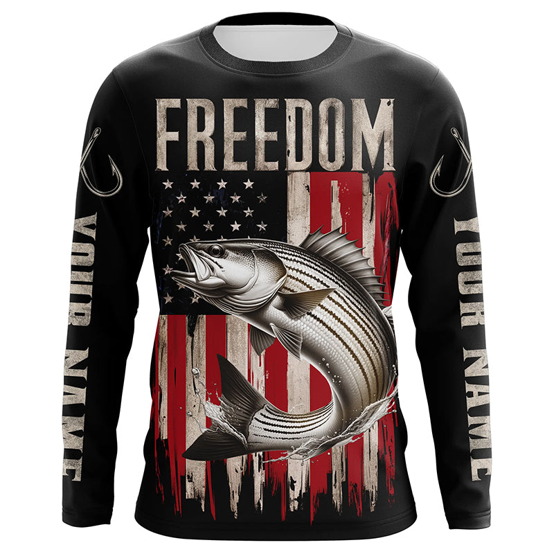 Personalized Patriotic Striped Bass Long Sleeve Fishing, American Flag Fishing