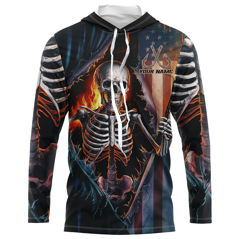Custom American Flag Skull Long Sleeve Uv Protection Fishing, Patriotic Fishing