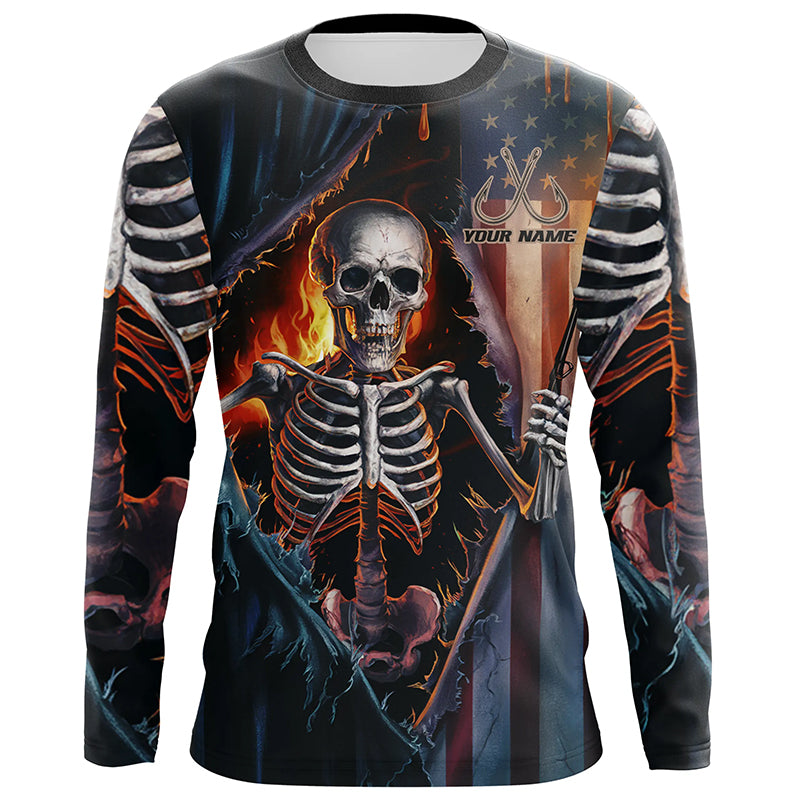 Custom American Flag Skull Long Sleeve Uv Protection Fishing, Patriotic Fishing