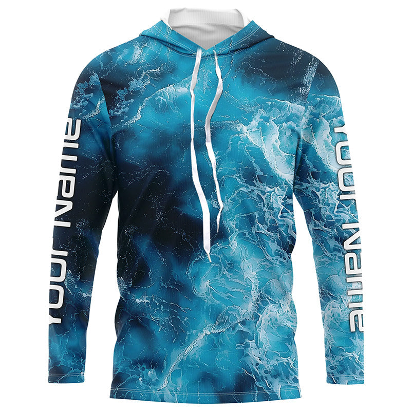 Blue Sea Waves Ocean Camo Long Sleeve Uv Protection Fishing, Personalized Fishing