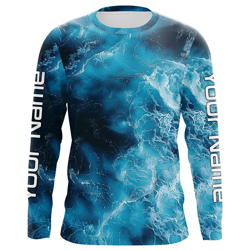 Blue Sea Waves Ocean Camo Long Sleeve Uv Protection Fishing, Personalized Fishing