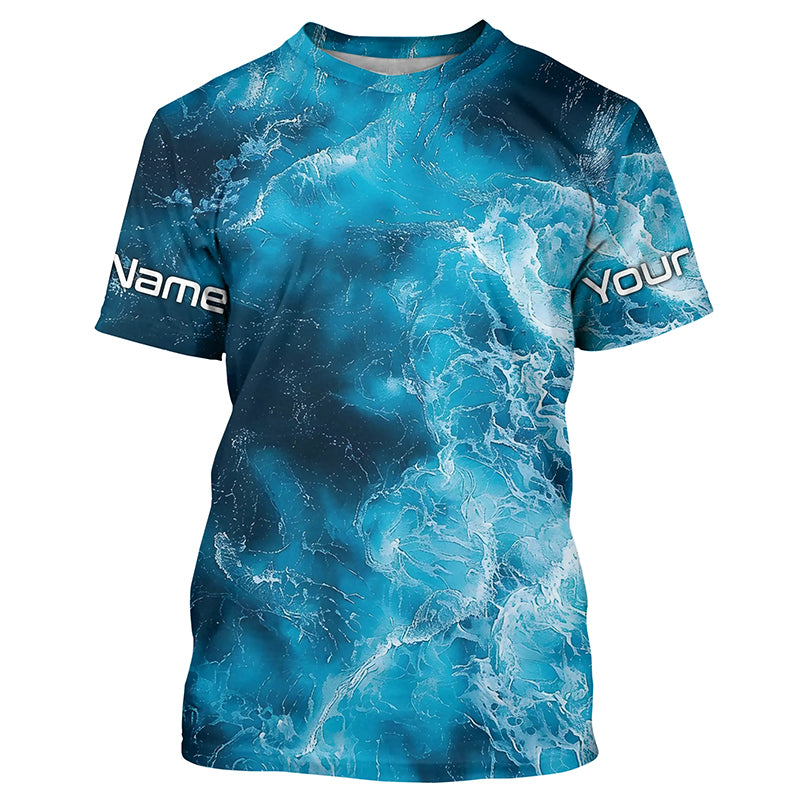 Blue Sea Waves Ocean Camo Long Sleeve Uv Protection Fishing, Personalized Fishing