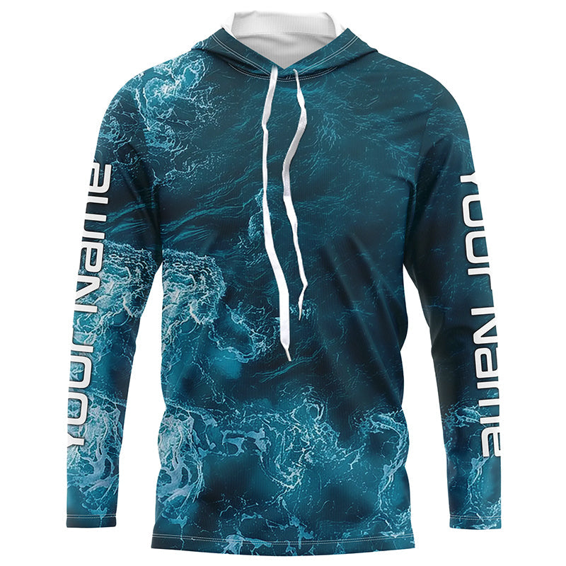 Blue Sea Waves Ocean Camo Long Sleeve Uv Protection Fishing, Personalized Fishing