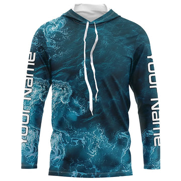 Blue Sea Waves Ocean Camo Long Sleeve Uv Protection Fishing, Personalized Fishing