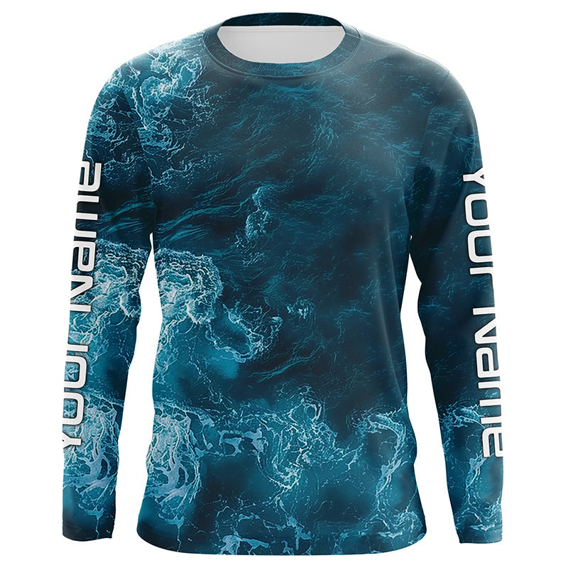 Blue Sea Waves Ocean Camo Long Sleeve Uv Protection Fishing, Personalized Fishing