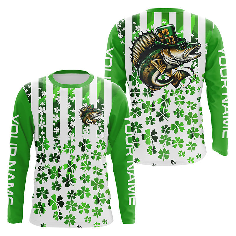 Personalized St Patrick'S Day Walleye Long Sleeve Fishing, Patriotic Walleye Fishing