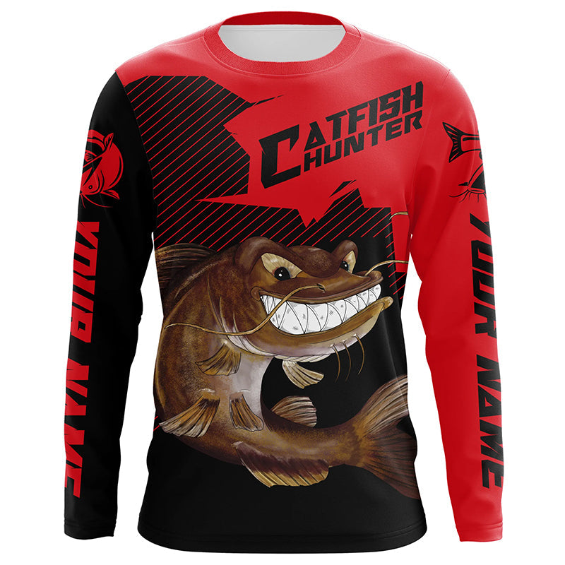 Angry Catfish Custom Long Sleeve Fishing, Catfish Hunter Fishing | Black And Red