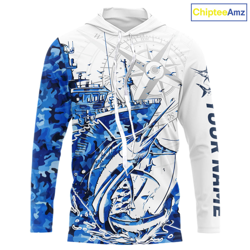 Custom Blue Camo Saltwater Sailfish Long Sleeve Hooded Fishing, Offshore Fishing